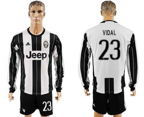Juventus #23 Vidal Home Long Sleeves Soccer Club Jersey
