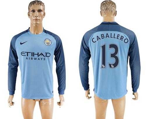 Manchester City #13 Caballero Home Long Sleeves Soccer Club Jersey