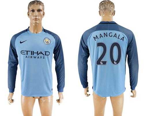Manchester City #20 Mangala Home Long Sleeves Soccer Club Jersey