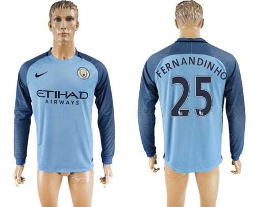 Manchester City #25 Fernandinho Home Long Sleeves Soccer Club Jersey