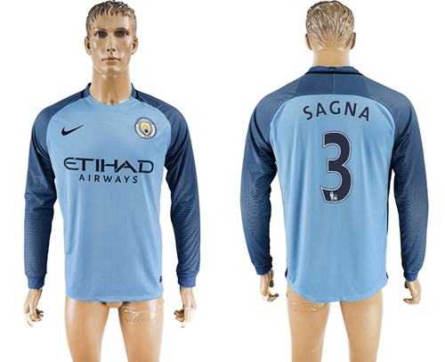 Manchester City #3 Sagna Home Long Sleeves Soccer Club Jersey