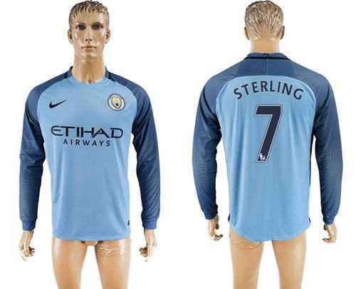 Manchester City #7 Sterling Home Long Sleeves Soccer Club Jersey