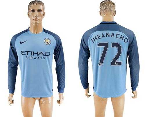 Manchester City #72 Iheanacho Home Long Sleeves Soccer Club Jersey