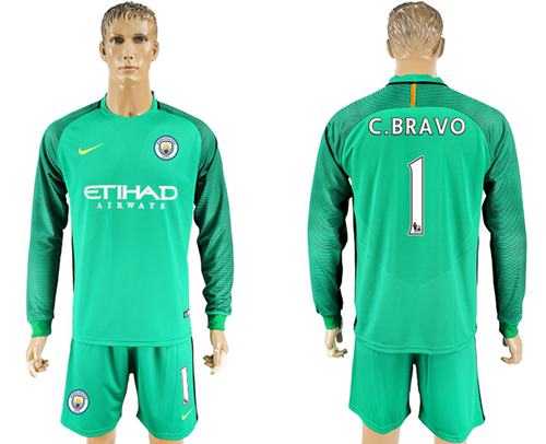 Manchester United #1 C.Bravo Green Goalkeeper Long Sleeves Soccer Club Jersey