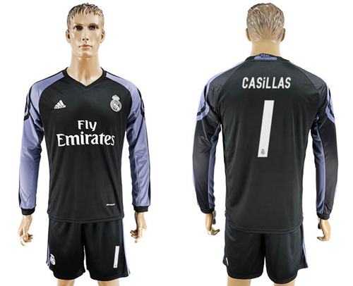 Real Madrid #1 Casillas Sec Away Long Sleeves Soccer Club Jersey