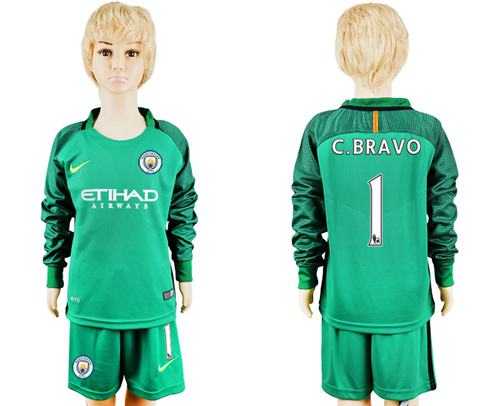 Manchester United #1 C.Bravo Green Goalkeeper Long Sleeves Kid Soccer Club Jersey