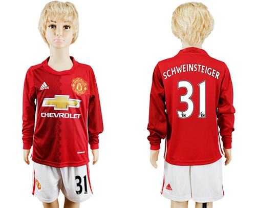 Manchester United #31 Schweinsteiger Home Long Sleeves Kid Soccer Club Jersey