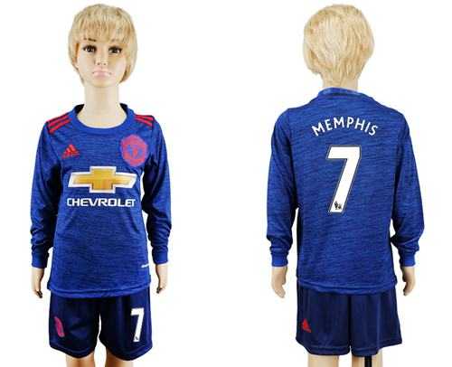 Manchester United #7 Memphis Away Long Sleeves Kid Soccer Club Jersey