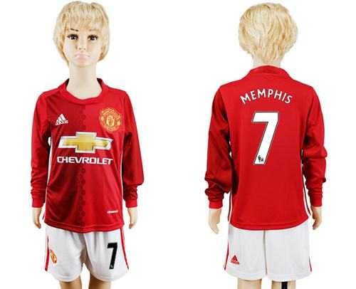 Manchester United #7 Memphis Home Long Sleeves Kid Soccer Club Jersey