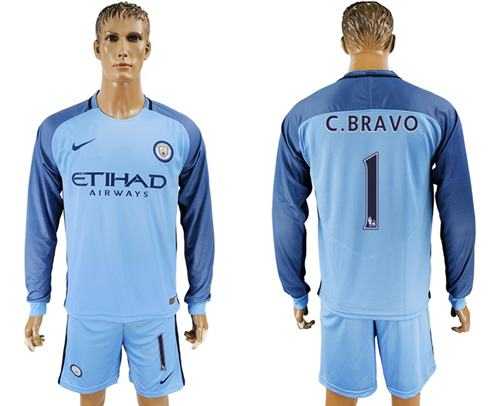 Manchester City #1 C.Bravo Home Long Sleeves Soccer Club Jersey