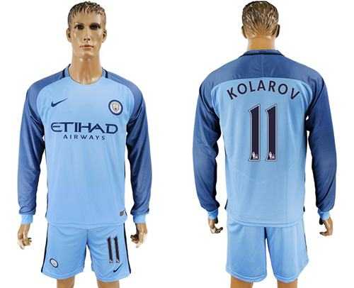 Manchester City #11 Kolarov Home Long Sleeves Soccer Club Jersey
