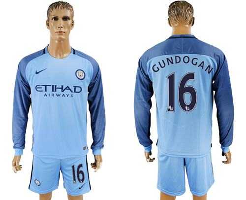 Manchester City #16 Gundogan Home Long Sleeves Soccer Club Jersey