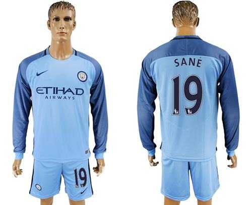 Manchester City #19 Sane Home Long Sleeves Soccer Club Jersey