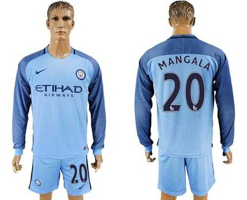 Manchester City #20 Mangala Home Long Sleeves Soccer Club Jersey