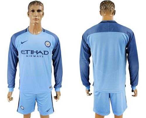 Manchester City Blank Home Long Sleeves Soccer Club Jersey