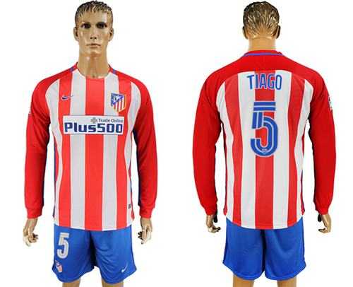 Atletico Madrid #5 Tiago Home Long Sleeves Soccer Club Jersey