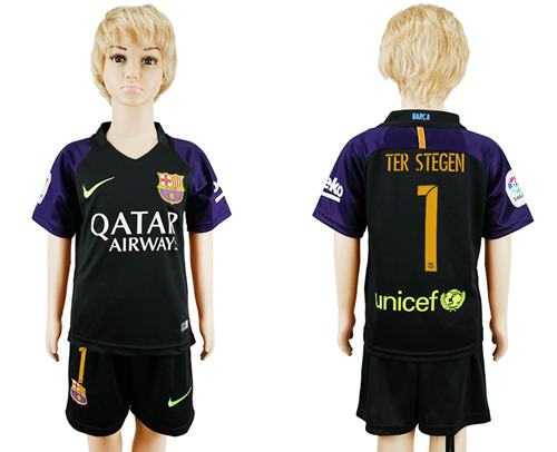 Barcelona #1 Ter Stegen Black Goalkeeper Kid Soccer Club Jersey