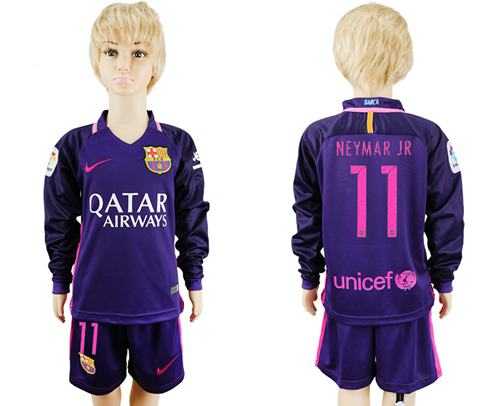 Barcelona #11 Neymar Jr Away Long Sleeves Kid Soccer Club Jersey