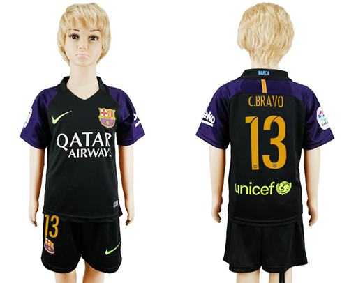 Barcelona #13 C.Bravo Black Goalkeeper Kid Soccer Club Jersey