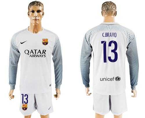 Barcelona #13 C.Bravo White Goalkeeper Long Sleeves Soccer Club Jersey