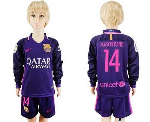 Barcelona #14 Mascherano Away Long Sleeves Kid Soccer Club Jersey