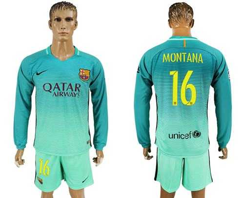 Barcelona #16 Montana Sec Away Long Sleeves Soccer Club Jersey