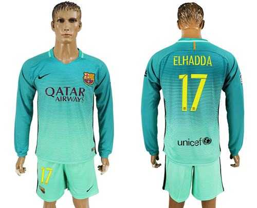 Barcelona #17 Elhadda Sec Away Long Sleeves Soccer Club Jersey
