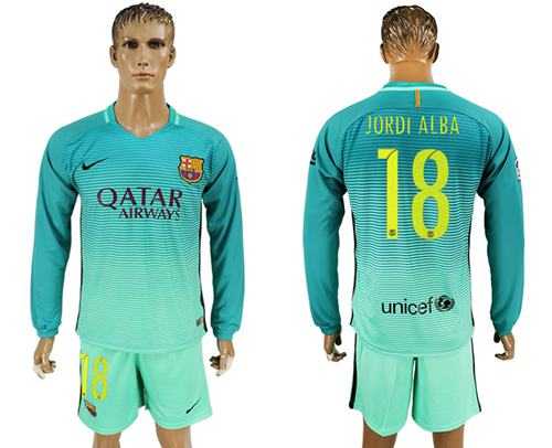 Barcelona #18 Jordi Alba Sec Away Long Sleeves Soccer Club Jersey