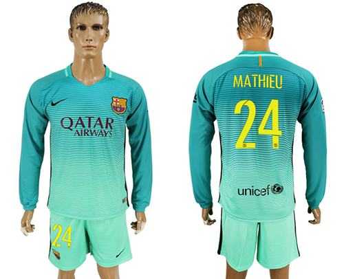 Barcelona #24 Mathieu Sec Away Long Sleeves Soccer Club Jersey