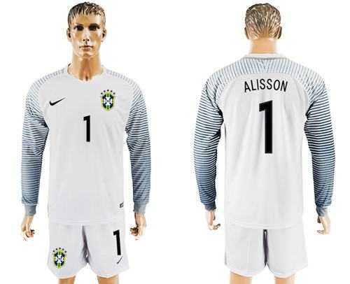 Brazil #1 Alisson White Goalkeeper Long Sleeves Soccer Country Jersey