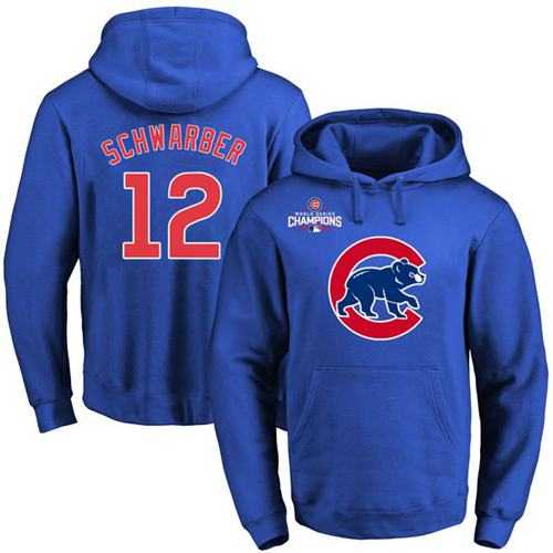Chicago Cubs #12 Kyle Schwarber Blue 2016 World Series Champions Primary Logo Pullover Baseball Hoodie