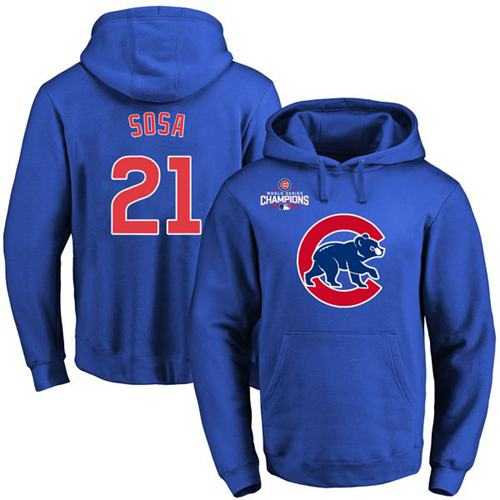 Chicago Cubs #21 Sammy Sosa Blue 2016 World Series Champions Primary Logo Pullover Baseball Hoodie