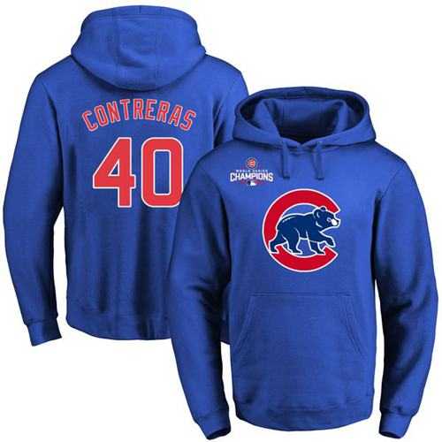 Chicago Cubs #40 Willson Contreras Blue 2016 World Series Champions Primary Logo Pullover Baseball Hoodie