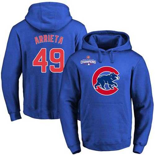 Chicago Cubs #49 Jake Arrieta Blue 2016 World Series Champions Primary Logo Pullover Baseball Hoodie