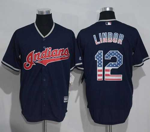 Cleveland Indians #12 Francisco Lindor Navy Blue USA Flag Fashion Stitched Baseball Jersey