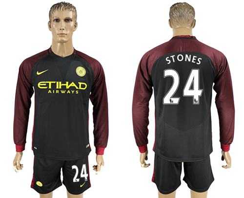 Manchester City #24 Stones Away Long Sleeves Soccer Club Jersey