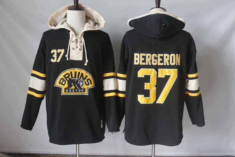 Men's Boston Bruins #37 Patrice Bergeron Black Sawyer Hooded Sweatshirt Stitched NHL Jersey