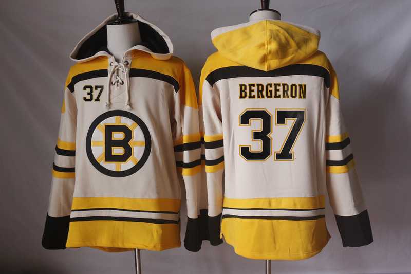 Men's Boston Bruins #37 Patrice Bergeron Cream Sawyer Hooded Sweatshirt Stitched NHL Jersey