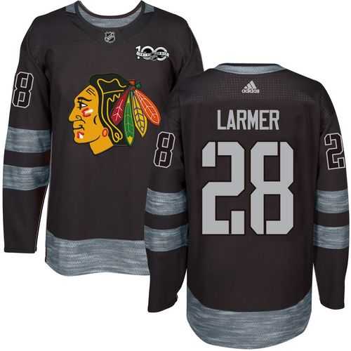 Men's Chicago Blackhawks #28 Steve Larmer Black 1917-2017 100th Anniversary Stitched NHL Jersey