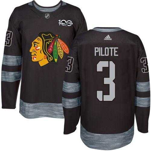 Men's Chicago Blackhawks #3 Pierre Pilote Black 1917-2017 100th Anniversary Stitched NHL Jersey