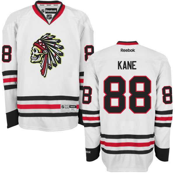 Men's Chicago Blackhawks #88 Patrick Kane Reebok Premier White Skull Ice Hockey Jersey