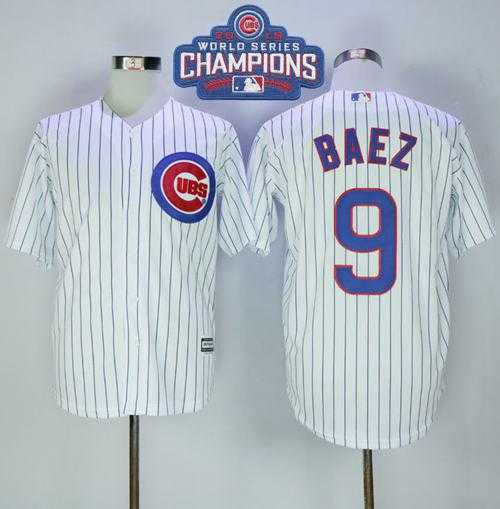 Men's Chicago Cubs #9 Javier Baez White(Blue Strip) New Cool Base 2016 World Series Champions Stitched Baseball Jersey