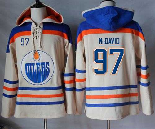 Men's Edmonton Oilers #97 Connor McDavid Cream Sawyer Hooded Sweatshirt Stitched NHL Jersey