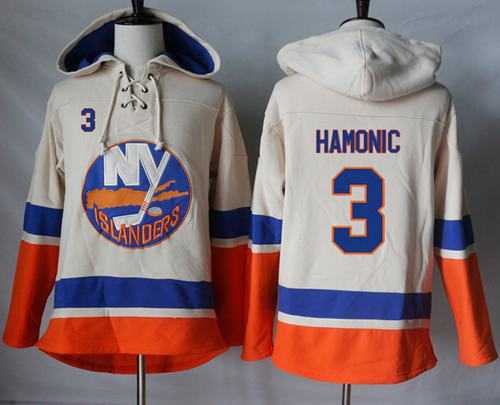 Men's New York Islanders #3 Travis Hamonic Cream Sawyer Hooded Sweatshirt Stitched NHL Jersey