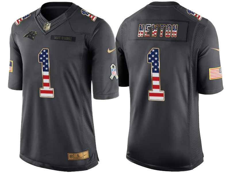 Men's Nike Carolina Panthers #1 Cam Newton Anthracite Stitched NFL LimitedSalute to Service USA Flag Fashion Jersey
