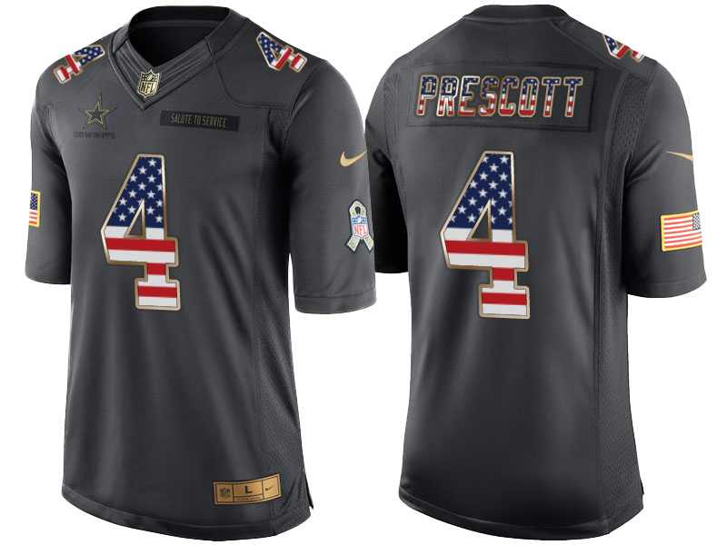 Men's Nike Dallas Cowboys #4 Dak Prescott Anthracite Stitched NFL Limited Salute to Service USA Flag Fashion Jersey