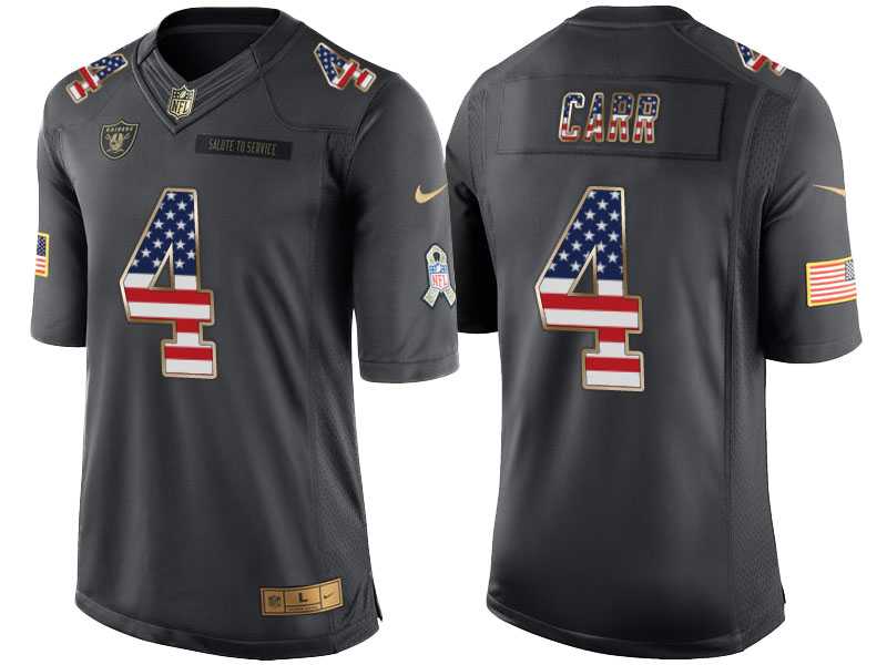 Men's Nike Oakland Raiders #4 Derek Carr Anthracite Stitched NFL Limited Salute to Service USA Flag Fashion Jersey