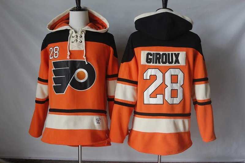 Men's Philadelphia Flyers #28 Claude Giroux Orange Sawyer Hooded Sweatshirt Stitched NHL Jersey