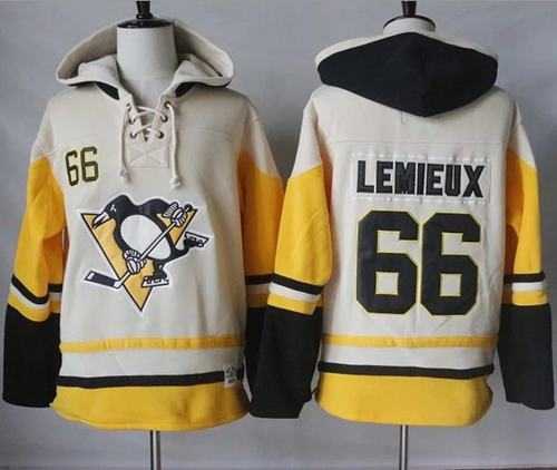 Men's Pittsburgh Penguins #66 Mario Lemieux Cream Gold Sawyer Hooded Sweatshirt Stitched NHL Jersey