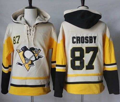 Men's Pittsburgh Penguins #87 Sidney Crosby Cream Gold Sawyer Hooded Sweatshirt Stitched NHL Jersey